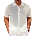 Men's Fashionable Casual Short Sleeve Shirt Knitted High Quality Polyester Vintage Men's Luxury Plain v Neck Slim Shirt
