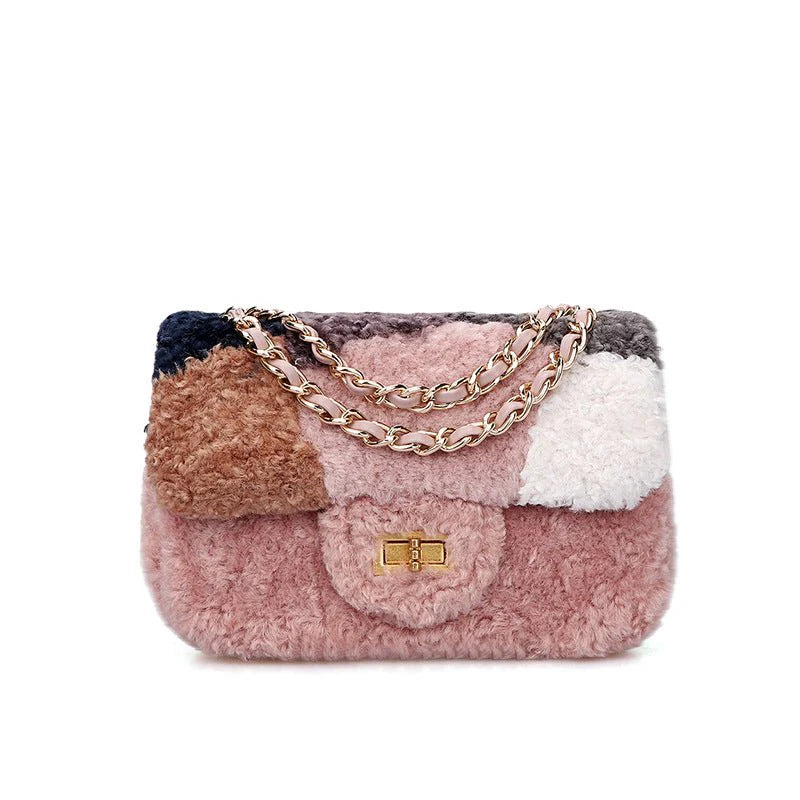 Women's Fashionable Faux Wool Shoulder Messenger Crossbody Handbag for Ladies Combination Color Women's Shoulder Bag