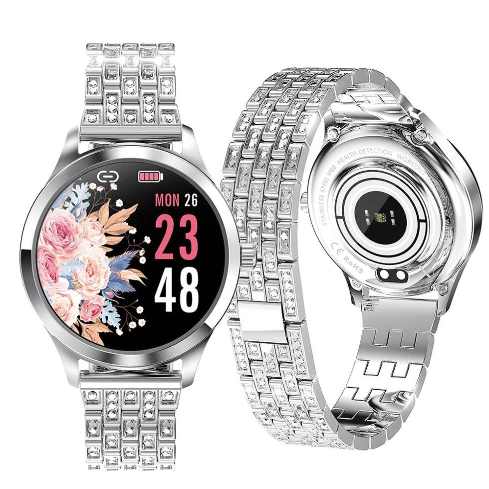 Orologio intelligente Bluetooth da donna con strass, impermeabile, promemoria fisiologico dell'ossigeno nel sangue, monitoraggio della salute.