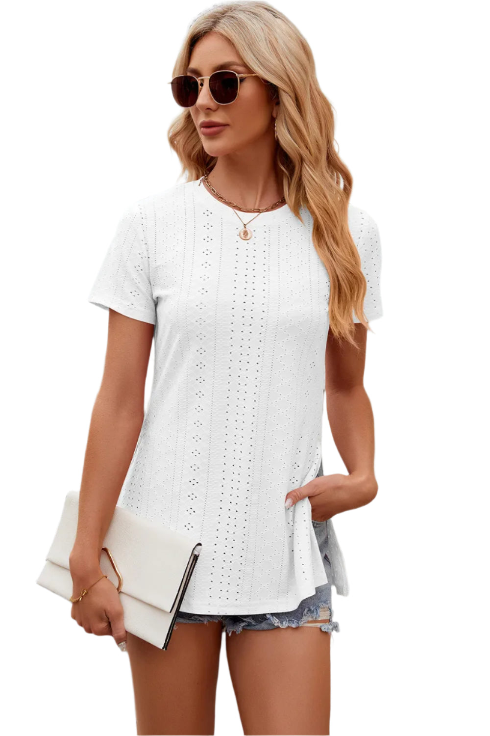 Effen ronde hals, losse T-shirt met korte mouwen en split voor dames