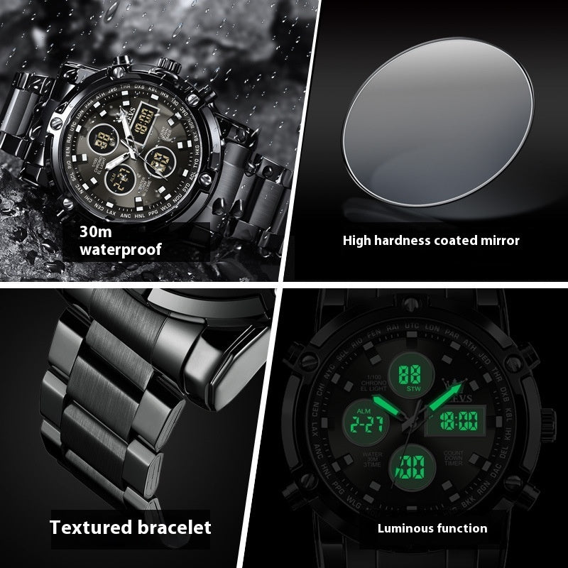 OLEVS Nuovo orologio da uomo con doppio display, sportivo, impermeabile, al quarzo, elettronico, luminoso, con cinturino in acciaio.