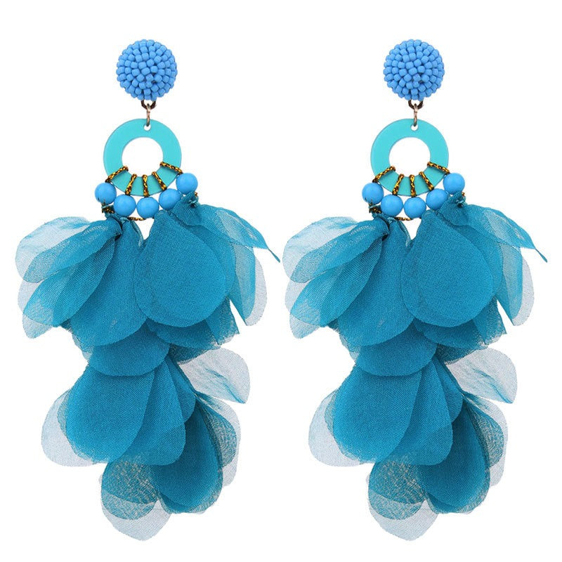 Handmade fabric floral earrings women's fashion exaggerated long earrings