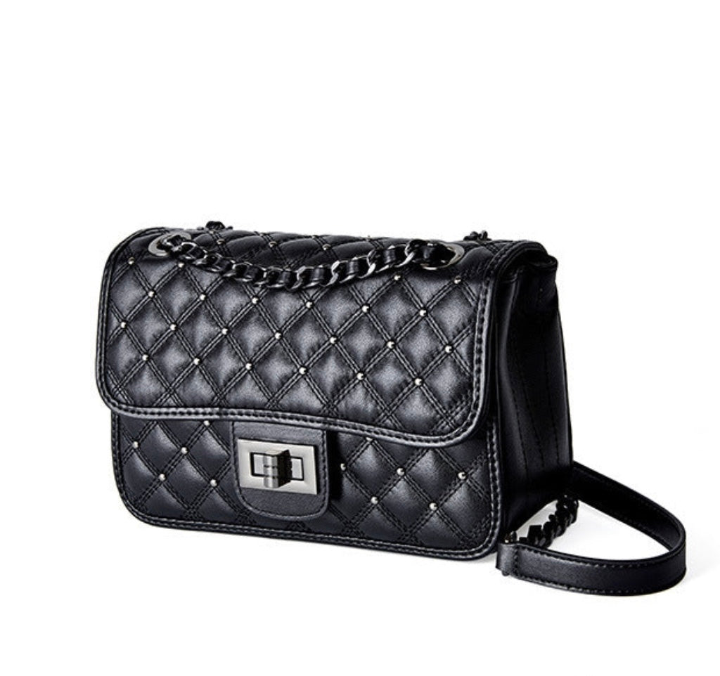 Damestas van echt leer met ruitvormige ketting, schoudertas met ketting en retro-stijl, damestas met ketting en crossbody-tas