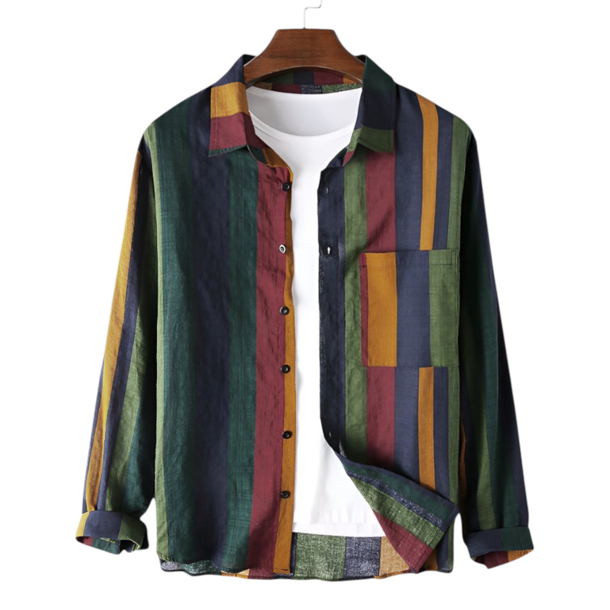 Men's Fashionable Casual Shirt Cotton Linen Long Sleeve Loose Lapel Collar Contrast Striped Stylish Men's Casual Shirt