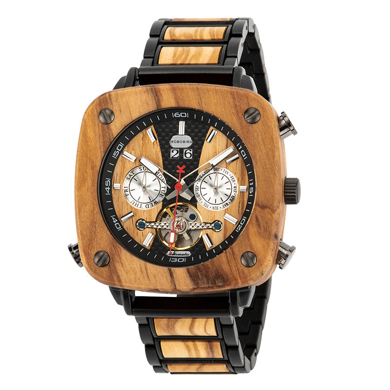 Orologio da uomo in legno meccanico automatico con tecnologia nera e personalità, dalla forma speciale