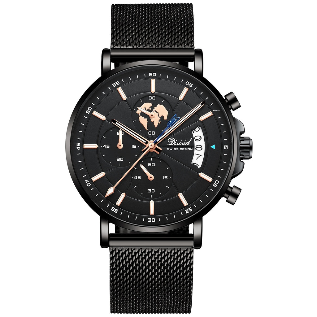 Orologio da uomo meccanico di tendenza, impermeabile, luminoso al quarzo con cinturino in acciaio
