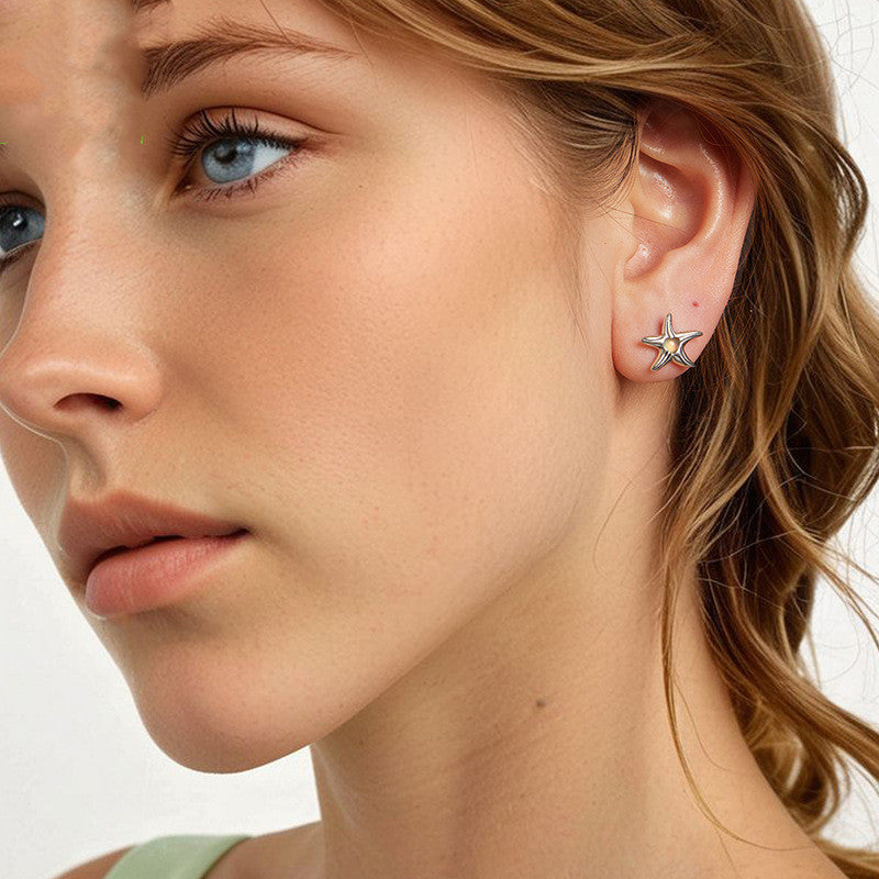 Silver Ziyun Magic Stone Inlaid Starfish Stud Earrings