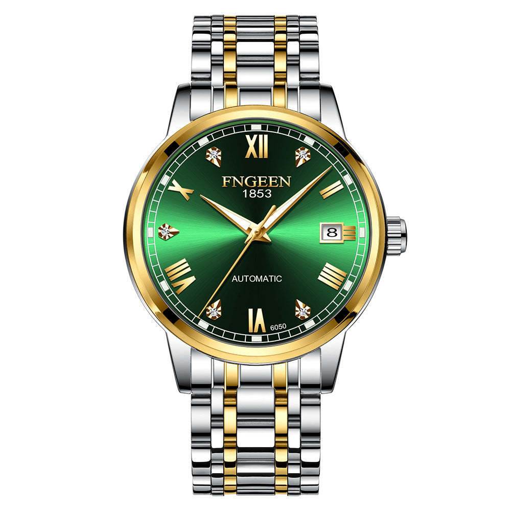 FNGEEN Top Brand Luxury Fashion Green Mechanical Watch for Men Stainless Steel Waterproof Sports Automatic Calendar Men's Watch - Acquisti Online