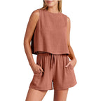 Damesset Zomer Mouwloze Tops en Shorts met Trekkoord Modepak 2-delig