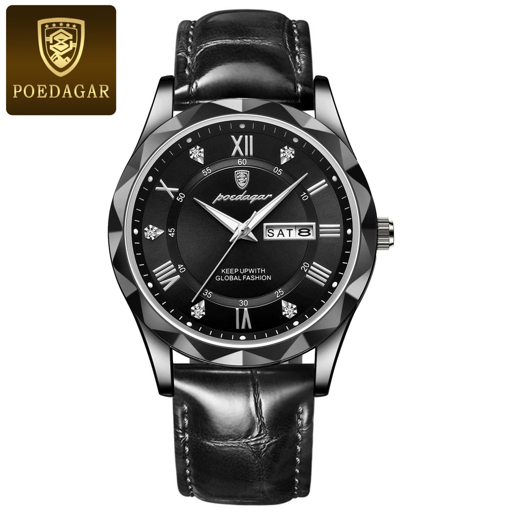 POEDAGAR Luxury Business Men's Wrist Watch Waterproof Luminous Date Week Men's Watch for Men Quartz Watch Leather Men's Watches reloj