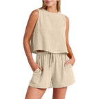 Damesset Zomer Mouwloze Tops en Shorts met Trekkoord Modepak 2-delig
