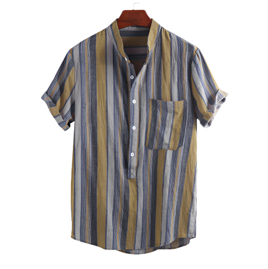 Men's Fashionable Shirt Stand-Up Collar Long Sleeve Explosion Style Lapel Printed Stripes Men's Hawaiian Shirt