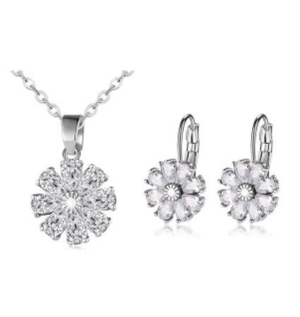 Copper Zircon Floral Diamond Necklace Stud Earrings