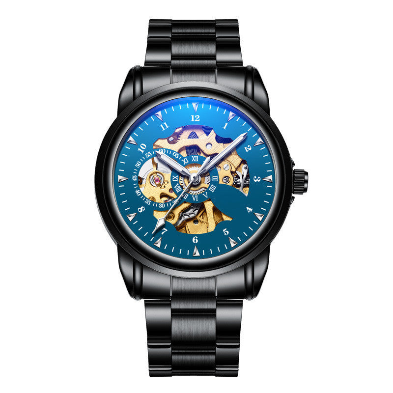 Orologio meccanico luminoso impermeabile in pelle semplice da uomo alla moda