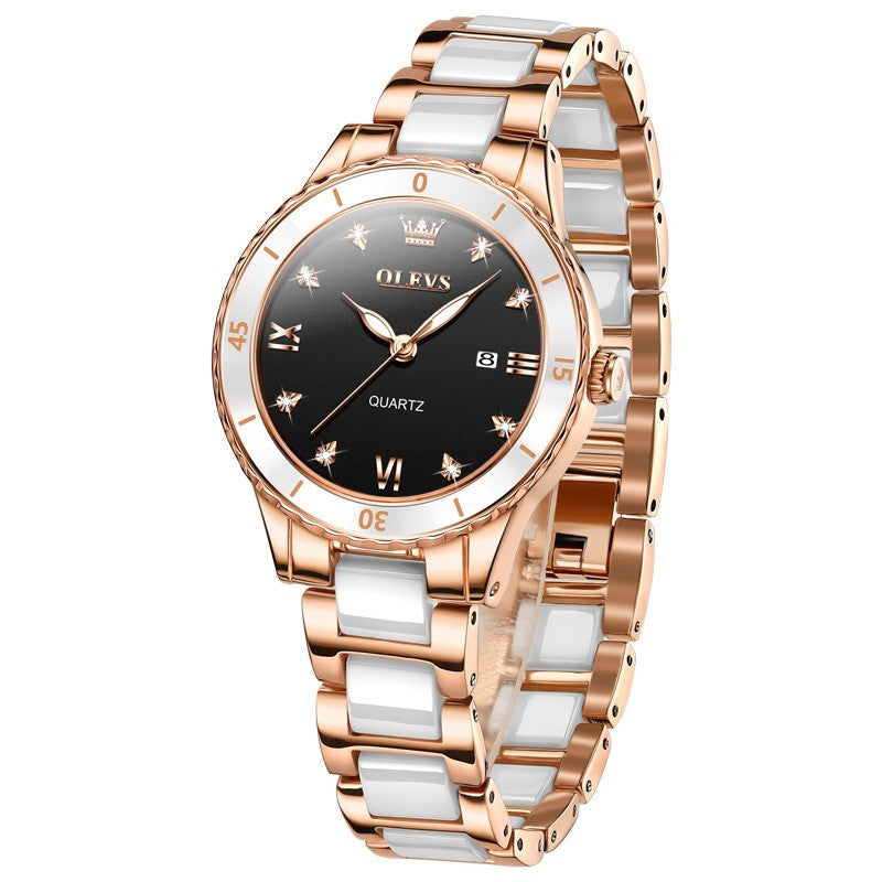 OLEVS 9985 Women Luxury Watch Rhinstone Crafted Elegant Lady Quartz Wristwatch Ceramic Band Waterproof Women Watch