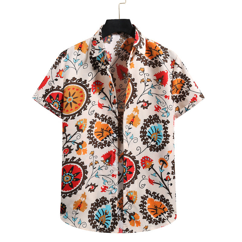 Modieus casual overhemd voor heren, effen kleur, vintage 3D-geprint patroon, korte mouwen, Hawaiiaans casual overhemd voor heren