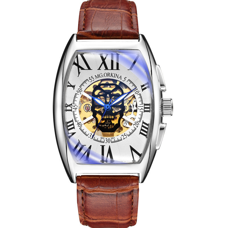 Orologi da uomo di lusso, orologi scheletrati, orologi da polso meccanici automatici da uomo con cinturino in pelle
