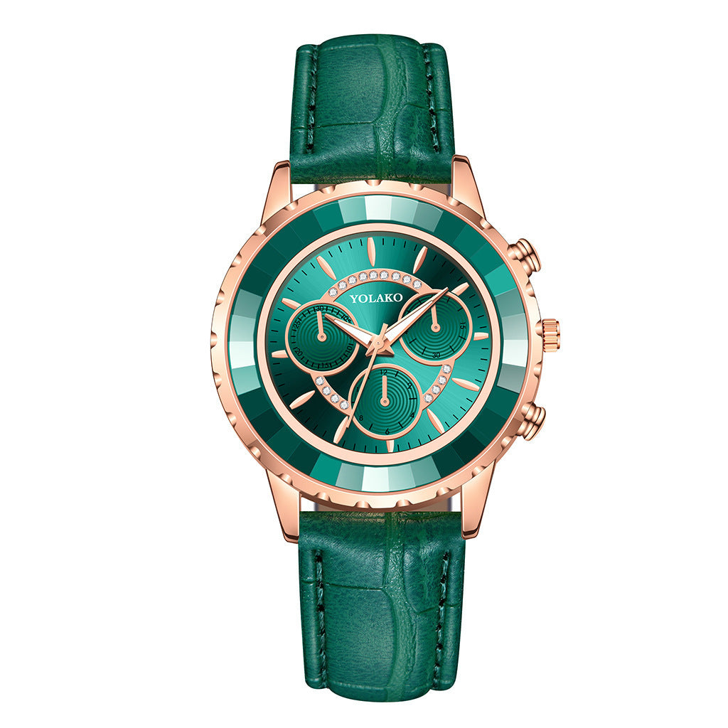 YOLAKO Women's Fashionable High Quality Rhinestone Crafted Ladies Watch Three-Eye Diamond Female Quartz Watch