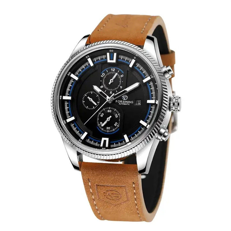 Orologio da polso casual da uomo FORSINING con tourbillon automatico, impermeabile e calendario, cinturino in pelle marrone