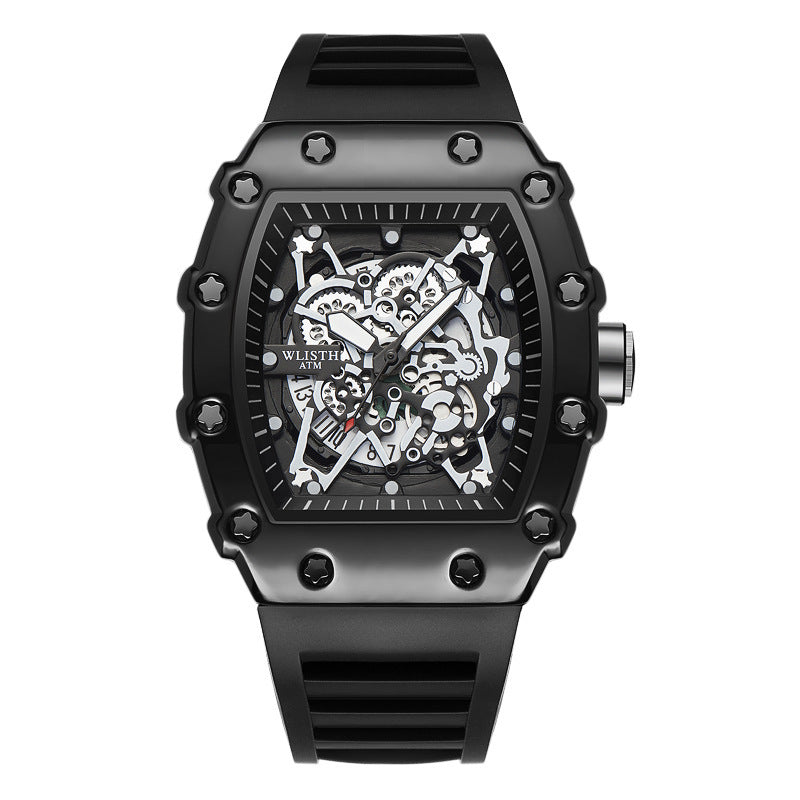 Men's Luxury Skeleton Watch Gear Carving Design Rectangle Tonneau Large Dial Retro Gorgeous Sports Quartz Wristwatch Luminous Men's Watch