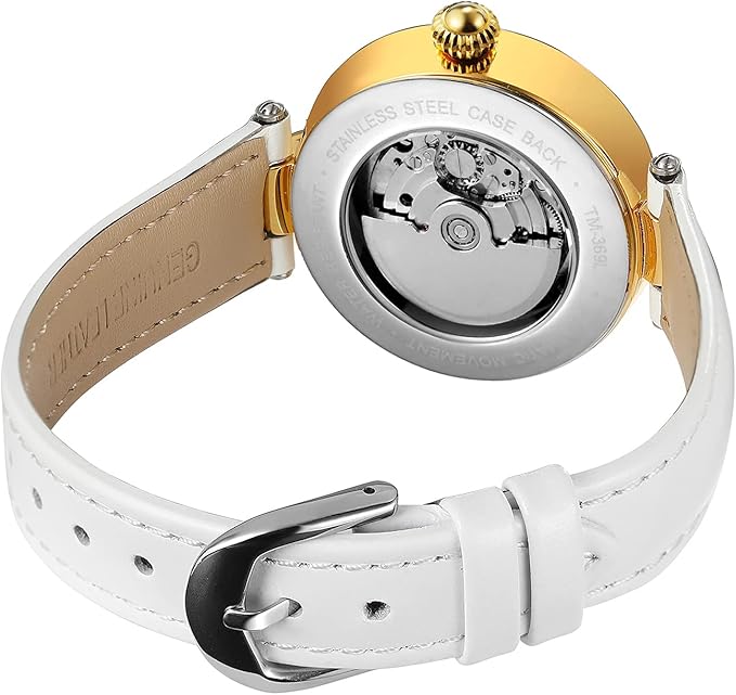 FORSINING Women Mechanical Self Winding Watch Genuine Leather Strap Moon Phase Luminous Hollowed-out Mechanical Watch