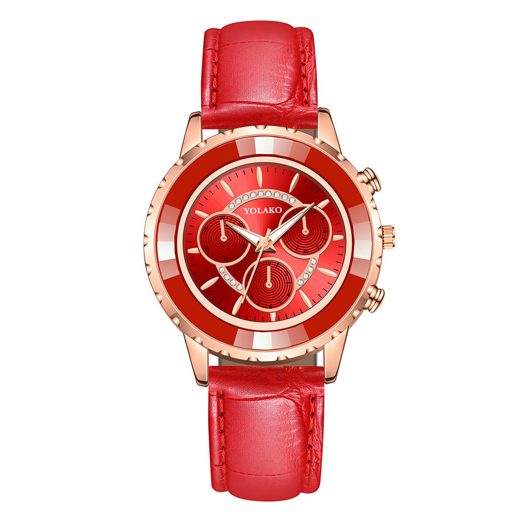 YOLAKO Women's Fashionable High Quality Rhinestone Crafted Ladies Watch Three-Eye Diamond Female Quartz Watch