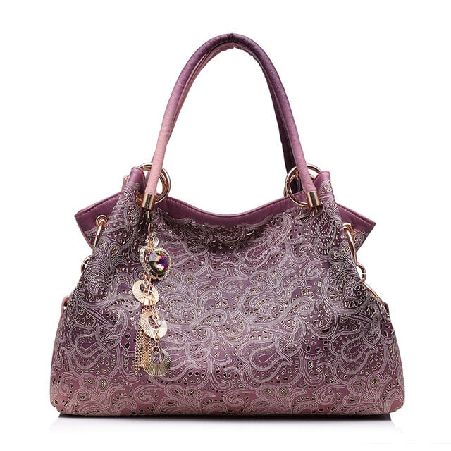 Women Handbag Hollow 0ut Ombre Handbag Floral Print Shoulder Bag Large Capacity Fashion Pu Leather Women Handbag
