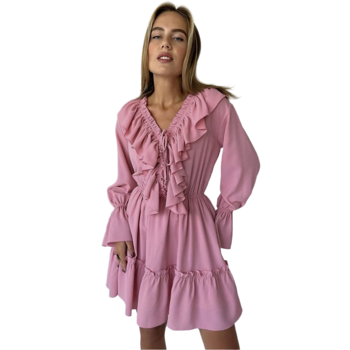 Fashion V Neck Pleated Ruffle Long Sleeve Dress Y2K V Neck Flared Sleeve Short Dress Women's Clothing