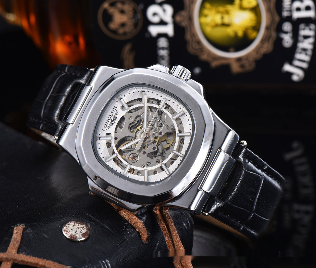 Men's Automatic Mechanical Watch Luxury Skeleton Waterproof Business Stainless Steel Barrel-shaped Leather Belt Men's Waterproof Mechanical Watch