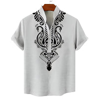 Men's Fashionable Casual Solid Color Linen Fiber Cardigan Shirt Digital 3D Printed Men's Casual Short Sleeve Shirt