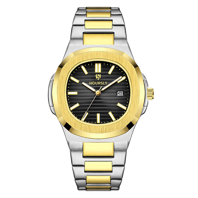 HOURSLY HY1371 Fashion China Man Quartz Watch Exclusive Steel Strap Water Resist Luminous Calendar Casual Men's Watch