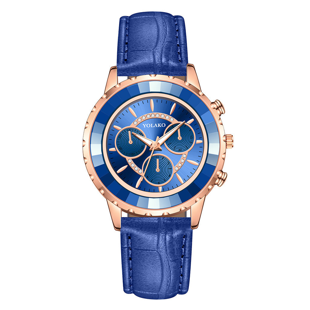 YOLAKO Women's Fashionable High Quality Rhinestone Crafted Ladies Watch Three-Eye Diamond Female Quartz Watch