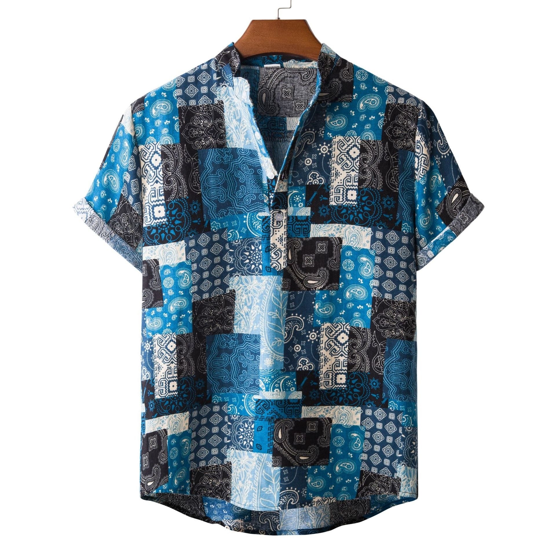 Men's Fashionable Casual Shirt Solid Color Vintage Ethnic Print Short Sleeve Lapel Collar Button Men's Casual Shirt