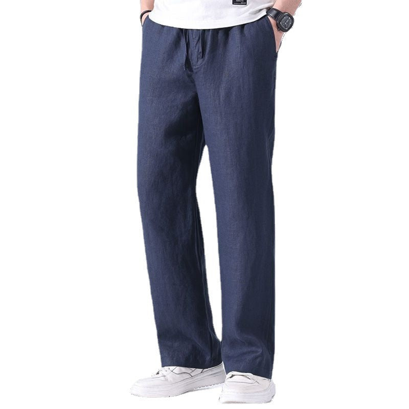 Men's Fashionable Casual Straight Wide Fashion Loose Sports Elastic Trousers Mid waist Thin Linen Men's Casual Trousers