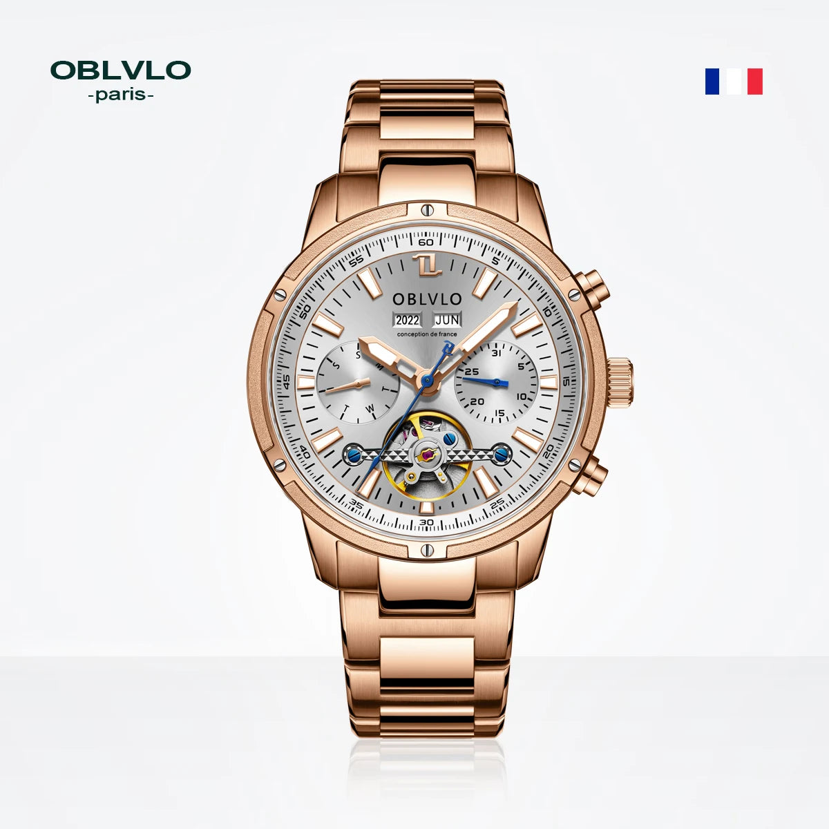 Orologio automatico da uomo OBLVLO con tourbillon meccanico, cinturino in acciaio inossidabile luminoso, orologio con calendario impermeabile in zaffiro