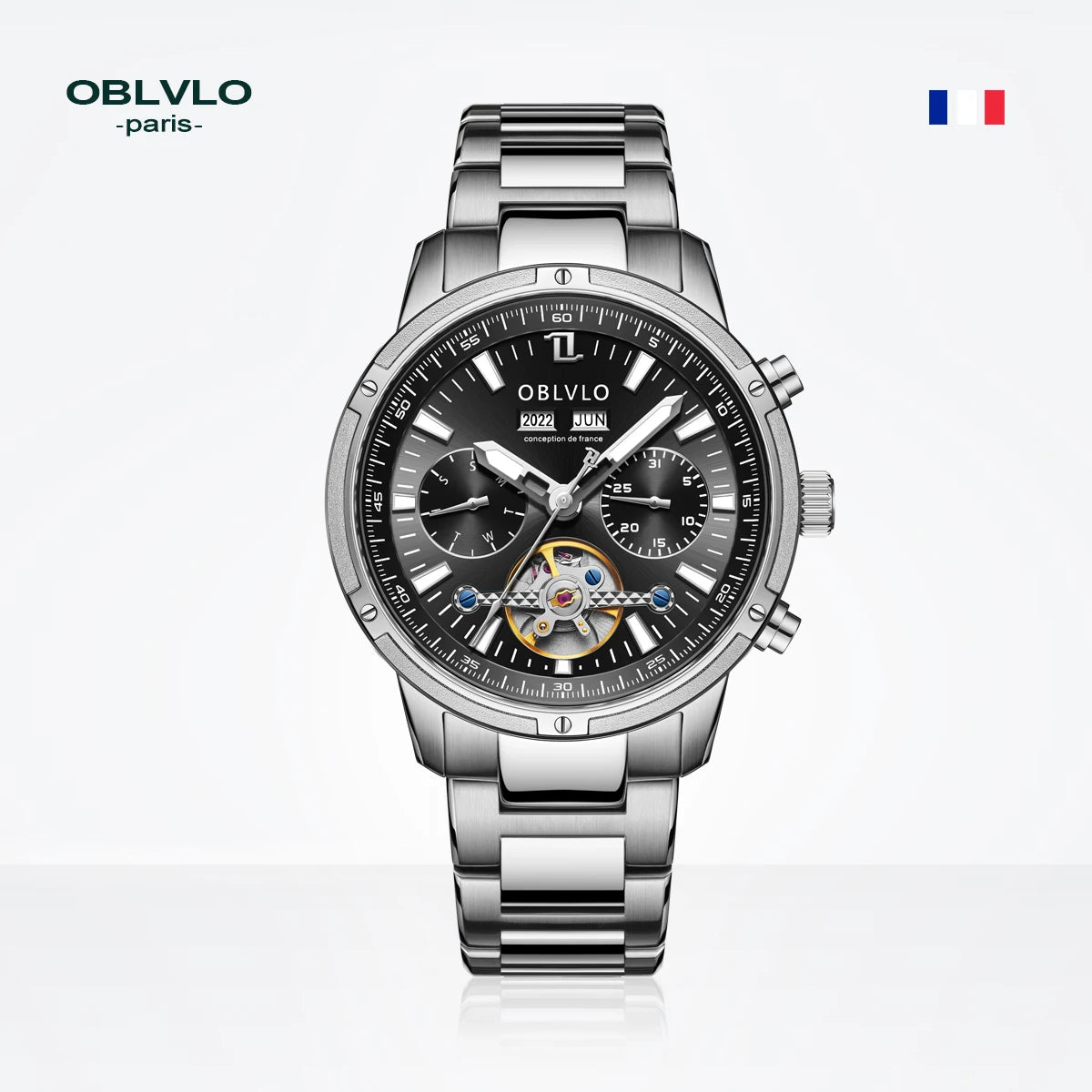 Orologio automatico da uomo OBLVLO con tourbillon meccanico, cinturino in acciaio inossidabile luminoso, orologio con calendario impermeabile in zaffiro