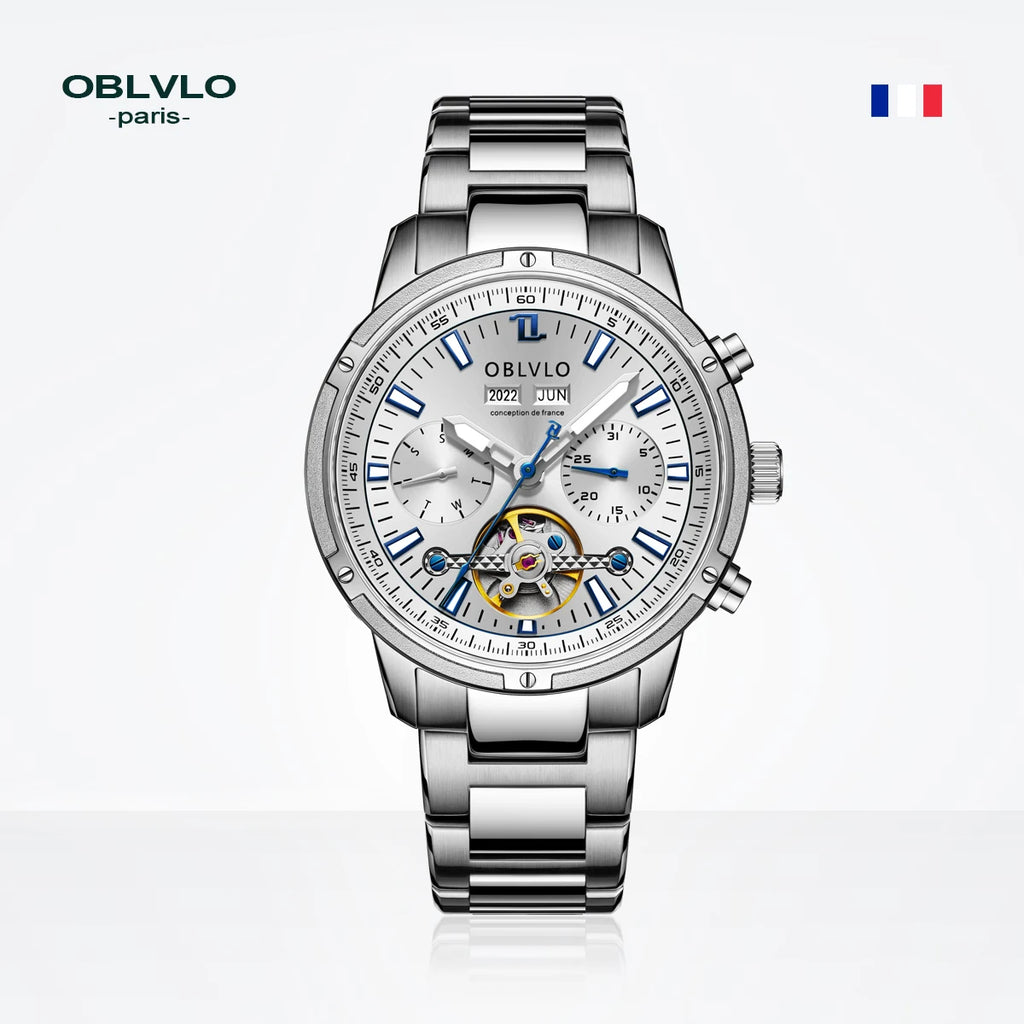 Orologio automatico da uomo OBLVLO con tourbillon meccanico, cinturino in acciaio inossidabile luminoso, orologio con calendario impermeabile in zaffiro