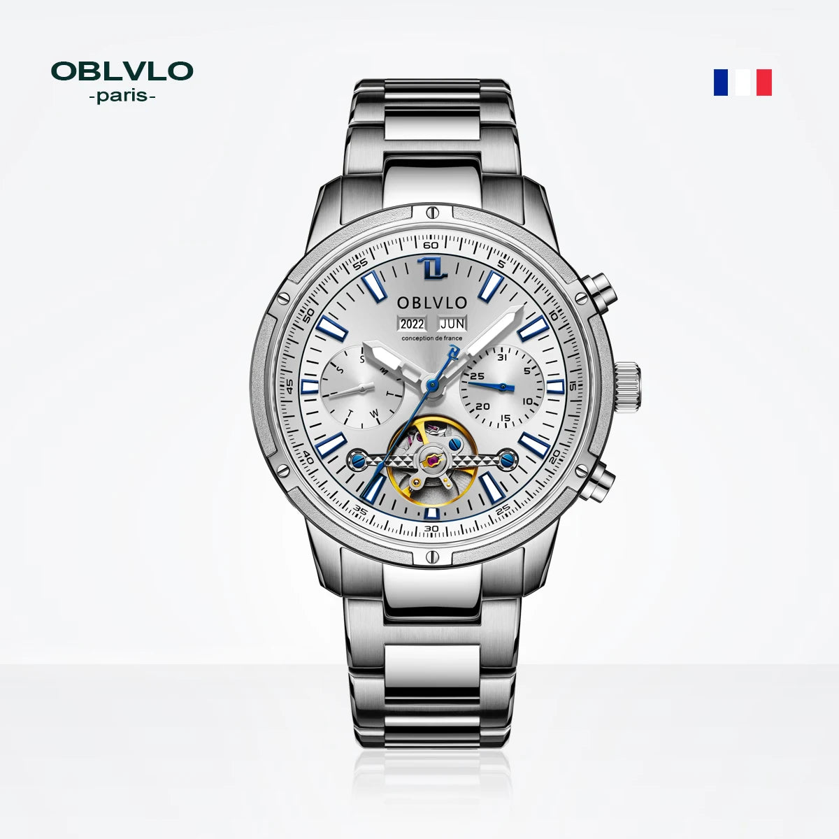Orologio automatico da uomo OBLVLO con tourbillon meccanico, cinturino in acciaio inossidabile luminoso, orologio con calendario impermeabile in zaffiro