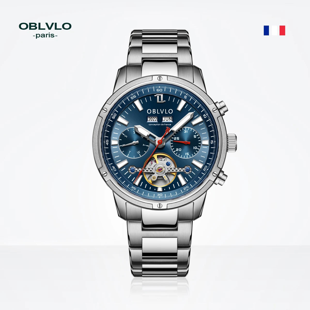 Orologio automatico da uomo OBLVLO con tourbillon meccanico, cinturino in acciaio inossidabile luminoso, orologio con calendario impermeabile in zaffiro