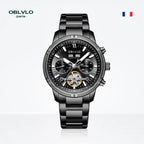 Orologio automatico da uomo OBLVLO con tourbillon meccanico, cinturino in acciaio inossidabile luminoso, orologio con calendario impermeabile in zaffiro