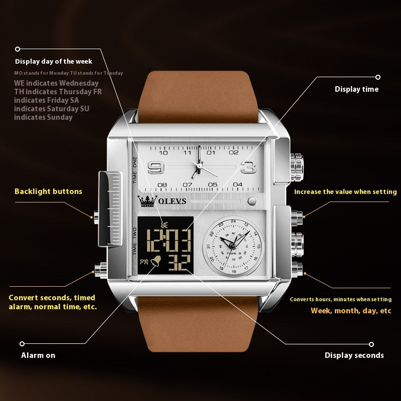 Orologio da uomo Olevs impermeabile, cronografo digitale, multifunzione, movimento al quarzo, orologio elettronico