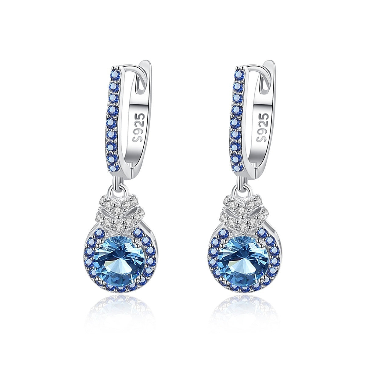 Damesoorbellen, modieus, S925 sterling zilver, ronde kubieke zirkonia, blauwe huggie oorbellen.