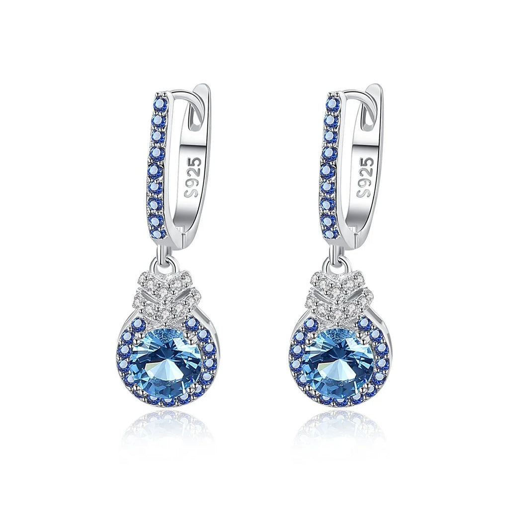 Orecchini alla moda da donna in argento sterling S925 con zirconi cubici rotondi blu, orecchini alla moda da donna