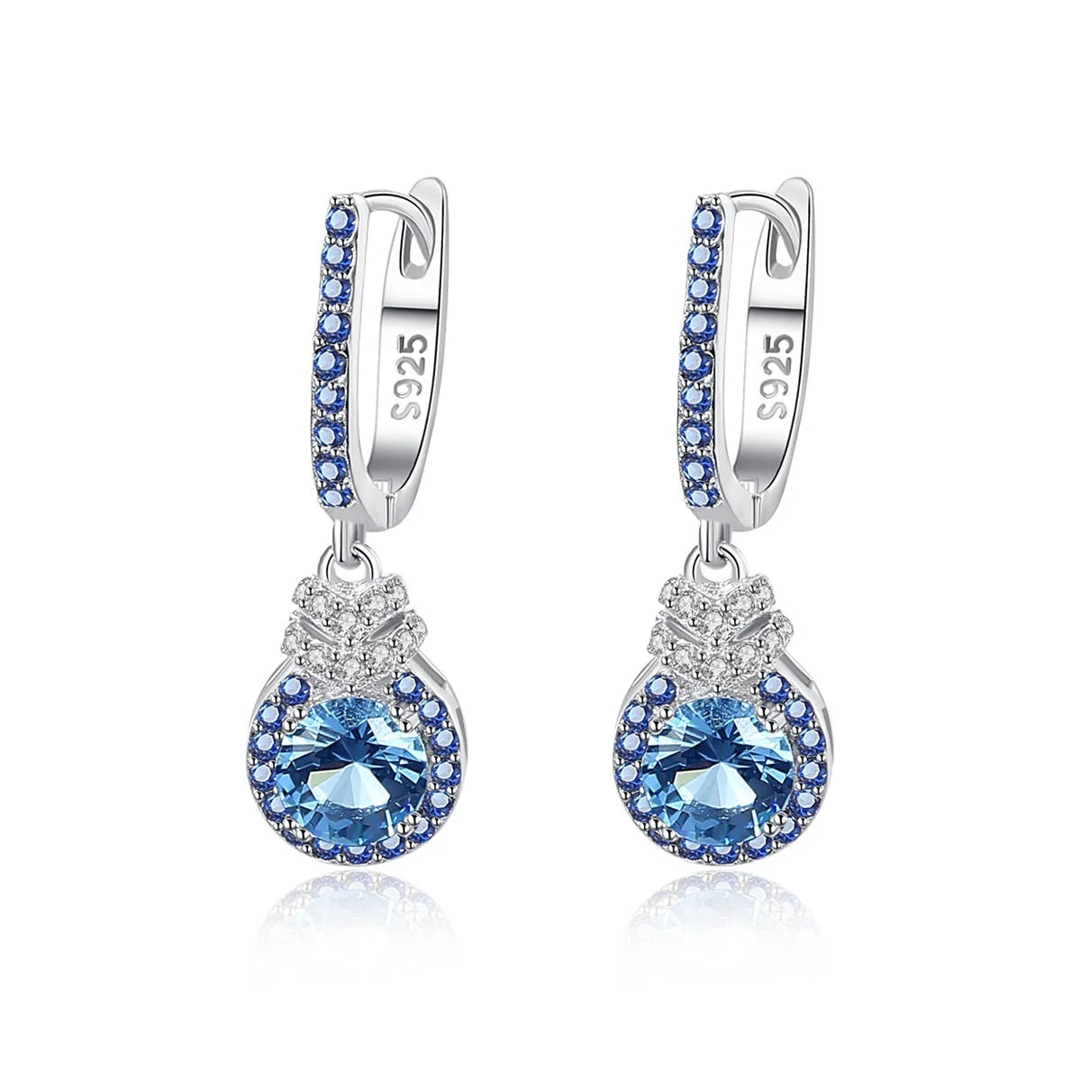 Women Fashionable Earrings S925 Sterling Silver Round Cubic Zirconia Blue Huggie Drop Earrings Women Fashion Earrings