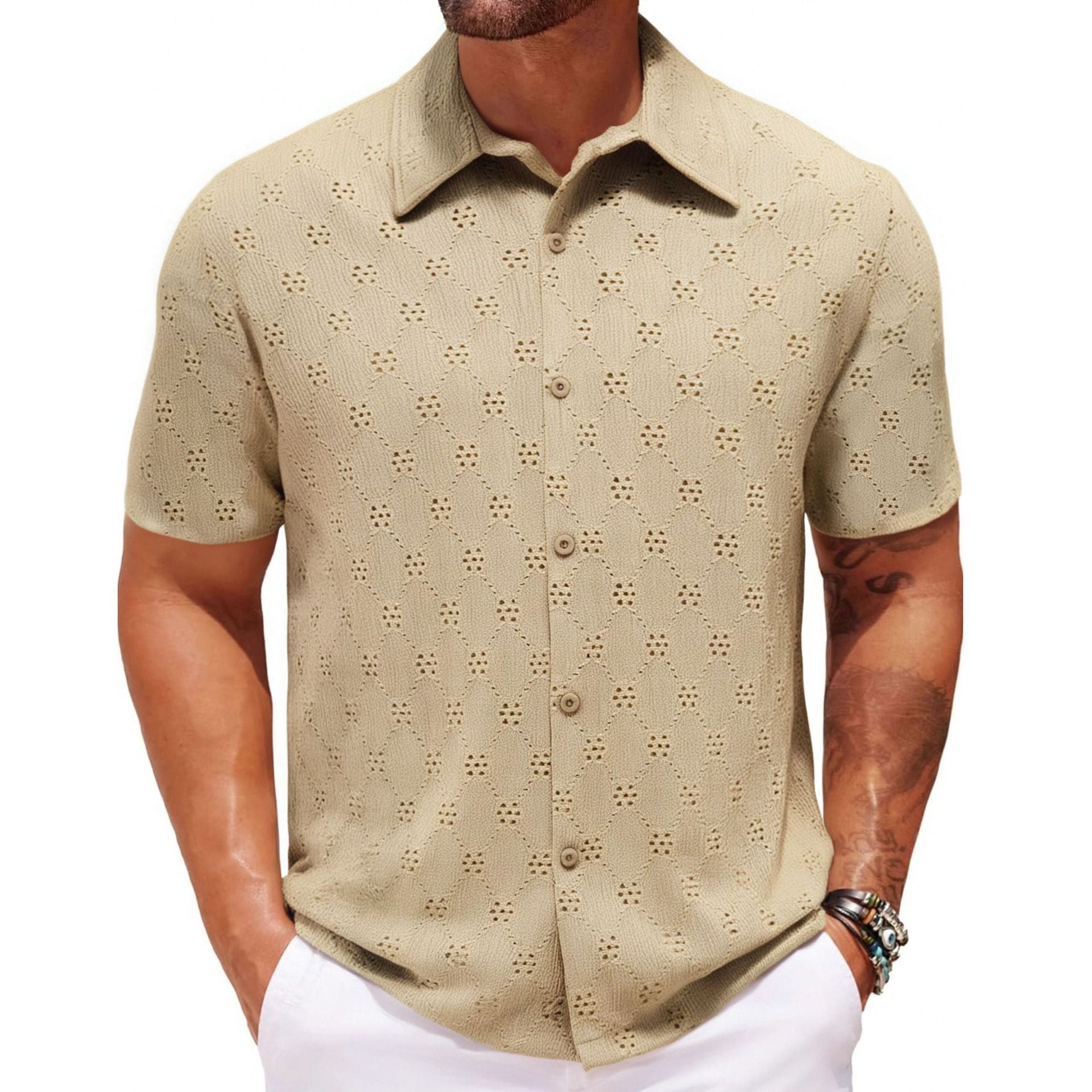 Hollow Jacquard Zomer Casual Korte Mouw Herenoverhemd