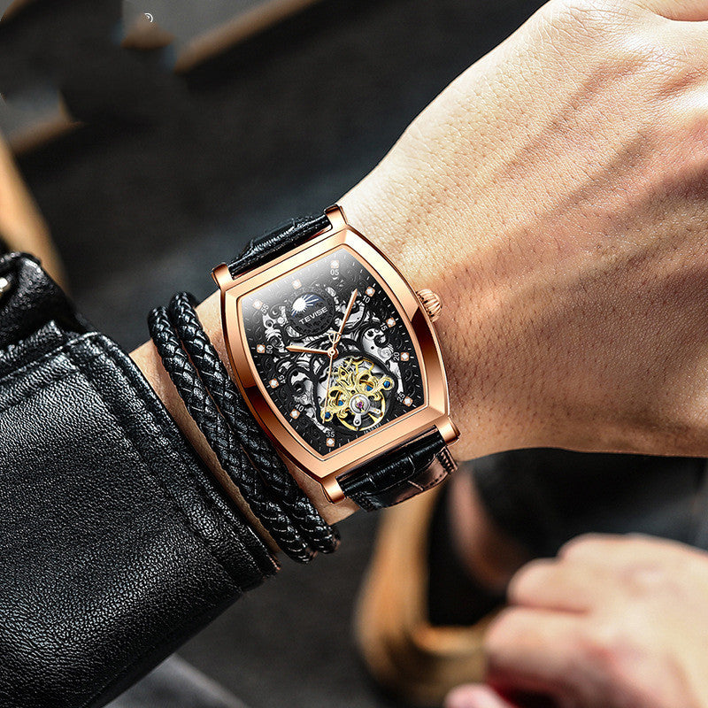 Orologio da polso da uomo con tourbillon scheletrato resistente agli urti con movimento meccanico automatico e cinturino in vera pelle