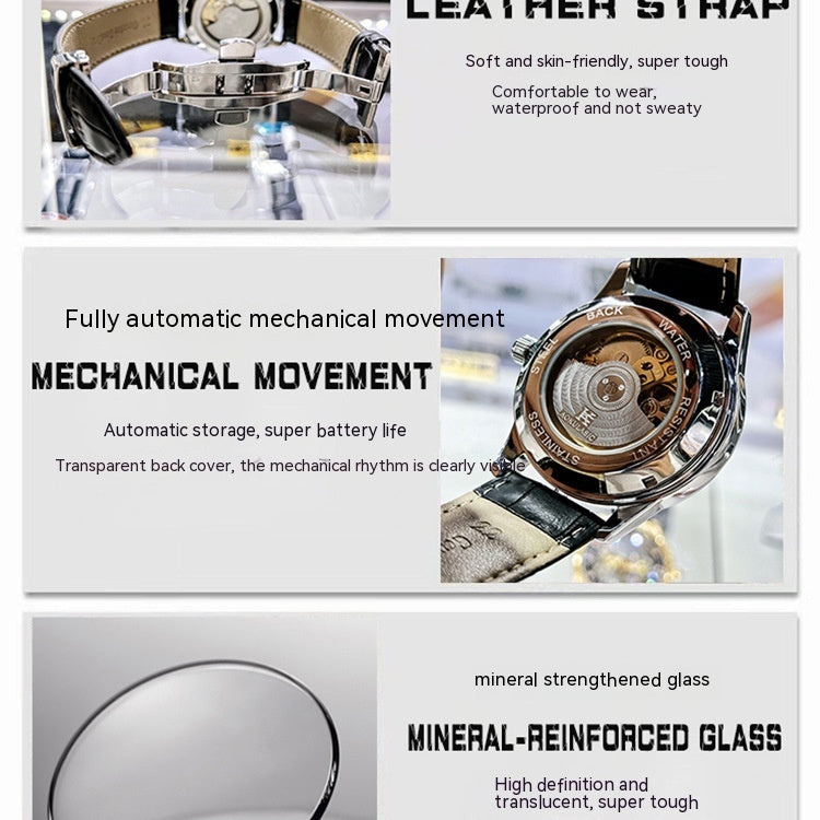 Luxury Brand Mechanical Watch Men Rotating Dial Rainbow Case Fashion Automatic Watches Wristwatch with Genuine Leather Strap Luminous Personality Watch - Acquisti Online