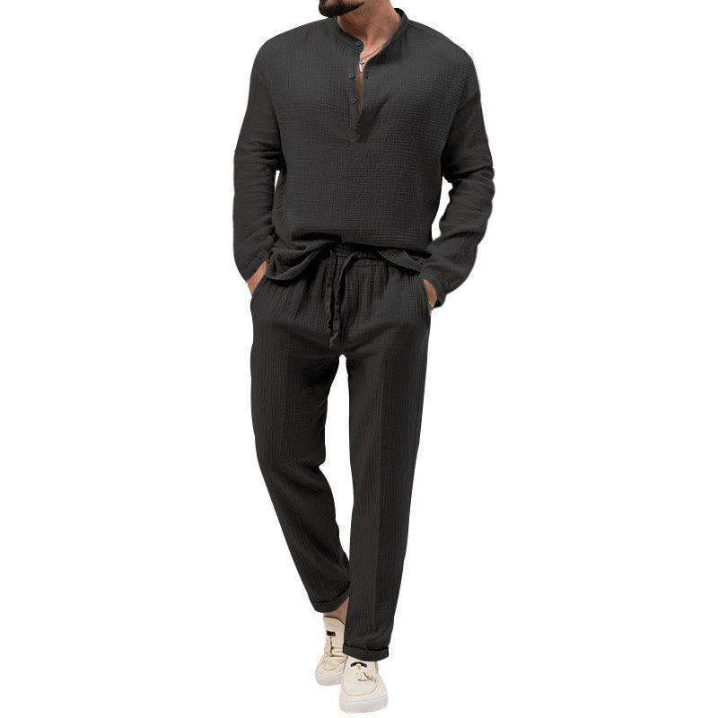 Men's Fashionable Casual Shirt Solid Color Polyester Fiber Casual Leisure T-shirt Long Sleeve Shirt Trousers Suit Men's Set - Acquisti Online