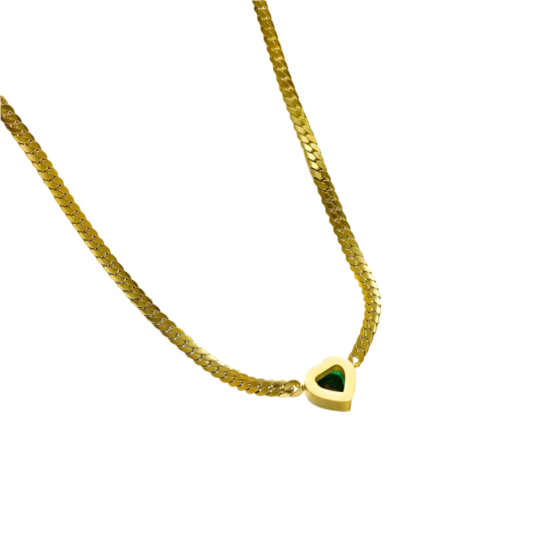 Green Heart Zircon Personality Cuban Link Chain Simple Women's  Fashion Necklace