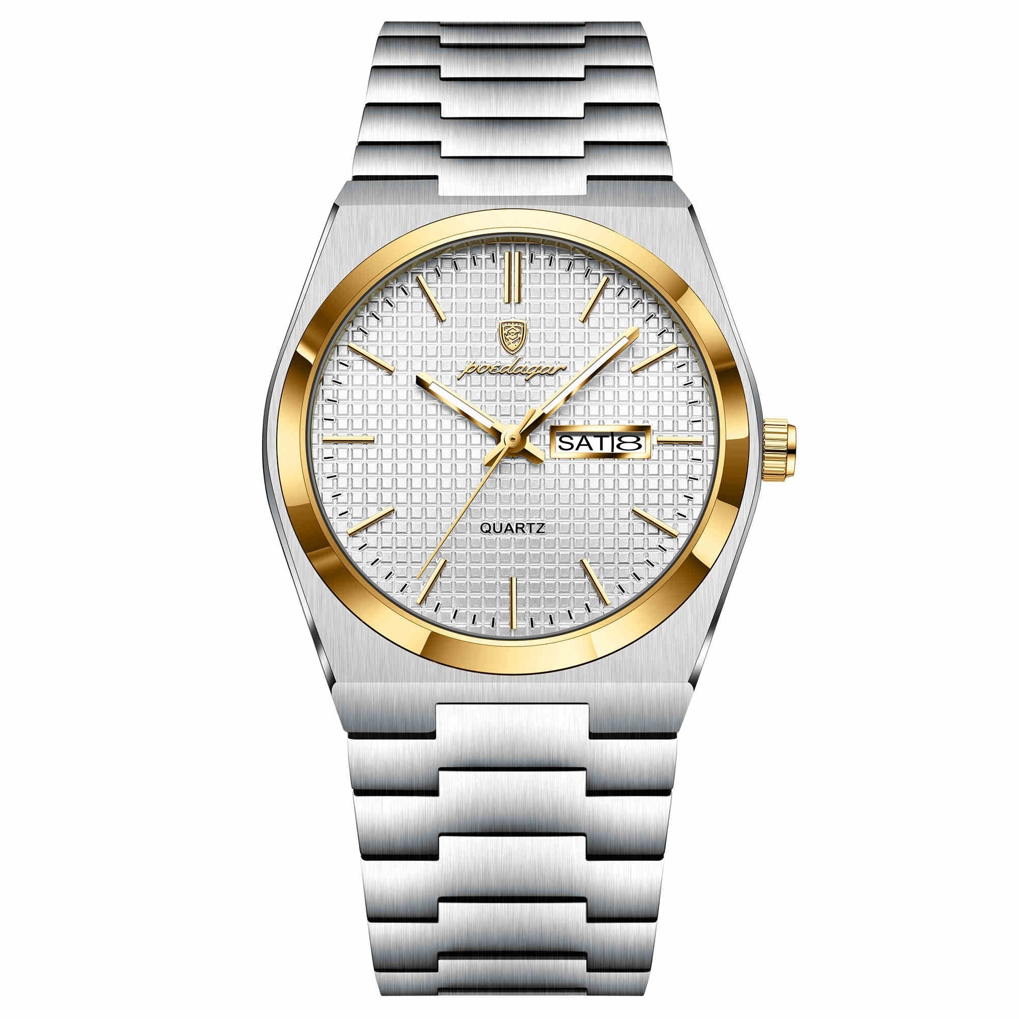 POEDAGAR Luxury Men's Sports Watch Luminous Waterproof Military Watch with Date and Week Stainless Steel Quartz Men's Watch Male Clock